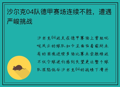沙尔克04队德甲赛场连续不胜，遭遇严峻挑战