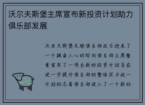 沃尔夫斯堡主席宣布新投资计划助力俱乐部发展