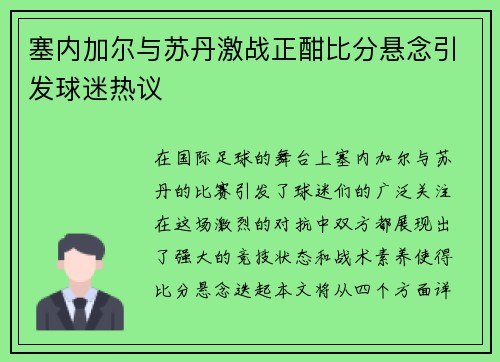 塞内加尔与苏丹激战正酣比分悬念引发球迷热议